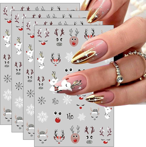 JMEOWIO 4 Sheets Christmas Glitter Nail Art Stickers Decals Self-Adhesive Pegatinas Uñas Snowflake Xmas Winter Holiday White Cute Elk Nail Supplie...