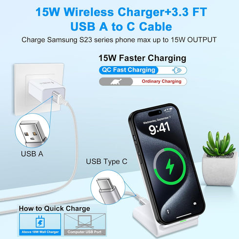 Wireless Charger Station 15W Fast Wireless Phone Charging Dock Pad Holder Stand for iPhone 15 Pro Max,15 Pro,15 Plus,15,Google Pixel 8a 8 7,Samsun...