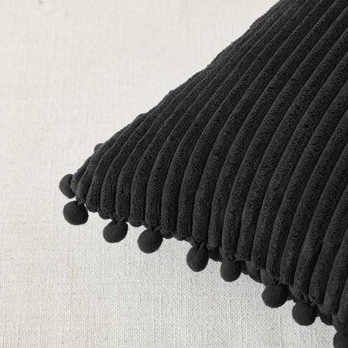 Fancy Homi Pack of 2 Black Lumbar Decorative Throw Pillow Covers with Pom-poms, Soft Corduroy Solid Rectangle Cushion Cases Set for Couch Sofa Bed...