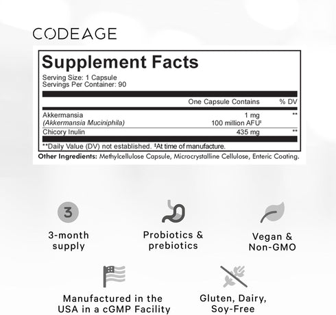 Codeage Akkermansia Muciniphila Probiotic Supplement - 3-Month Supply of Akkermansia Probiotic & Chicory Inulin - Daily Synbiotic Probiotic Chicor...