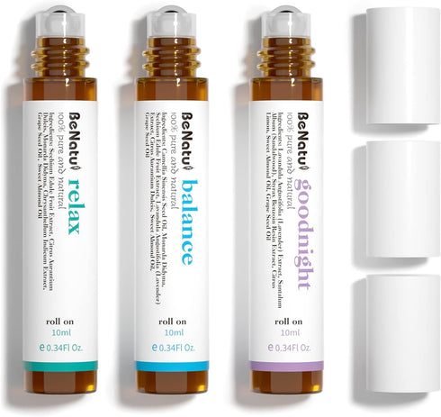 Benatu Essential Oils Set (Relax, Goodnight, Balance), Natural Aromatherapy Roll On Blends for Massage, Body Skin Care, Home - Relaxation Fragranc...
