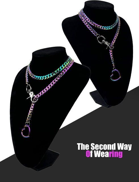paloli Women's Slip Chain Rainbow Heart O-Ring Chunky Chain Necklace, Rays Cuban Long Layered Jewelry, Adjustable Lariat Y-Necklace Heart Loop Cho...