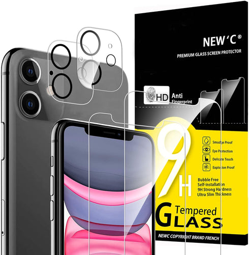 NEW'C 4 Pack, 2 Pack Screen Protector for iPhone 11 + 2 Pack Camera Lens Protector, Sensor Protection,Case Friendly Tempered Glass Film...