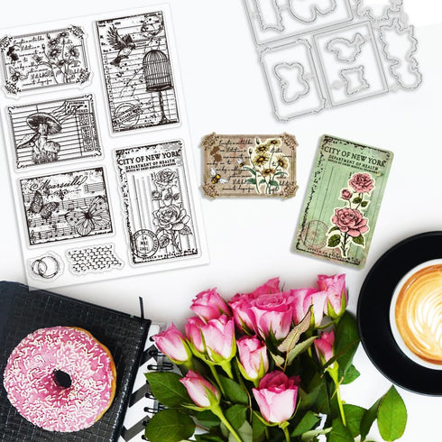 2pcs Animal Postage Clear Stamp and Die Cut Set Postmark Rubber Stamp Bird Frame Cutting Dies Flower Bee Silicone Stamps and Dies for DIY Scrapboo...