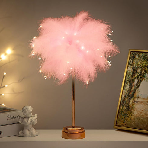 Pink Feather Lamp - LED Atmosphere Feather Night Lights Bedside Lamps for Mother, Girlfriend Home Girl Room Wedding Decoration...