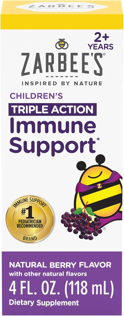 Zarbee's Elderberry Syrup for Kids, Daily Immune Support with Vitamin C & Zinc, Childrens Liquid Supplement, Natural Berry Flavor, 4 fl oz...