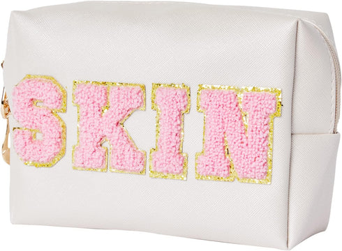 Preppy Patch Skincare Bags Travel Makeup Bag Varsity Letter Cosmetic Toiletry Cute Bag for Teen Girls PU Leather Portable Zipper Pouch Storage Pur...