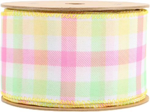 LaRibbons Wired Ribbon White Pastel Plaid Green Yellow Pink Spring DIY Decorative Wrapping Ribbon for Bows for Birthday Wedding Bridal Party Easte...