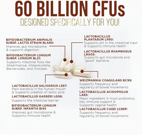 Probiotics 60 Billion CFU - 10 Probiotic Strains, Prebiotics, & Digestive Enzymes - Immune, Digestive & Gut Health - Supports Bowel Frequency & Re...