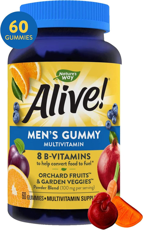 Alive! Men's Gummy Vitamin, Complete Multi-Vitamin Supplement with Orchard Fruits/Garden Veggies Blend of Powder/Juice/Extract, 60 Gummies....