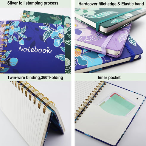 3 Pack Hardcover Spiral Notebook Journal for Women,A5 College Ruled Notebooks with Pocket,8.5"x 5.7",160 Pages,Cute Journals for Daily Study or Wo...