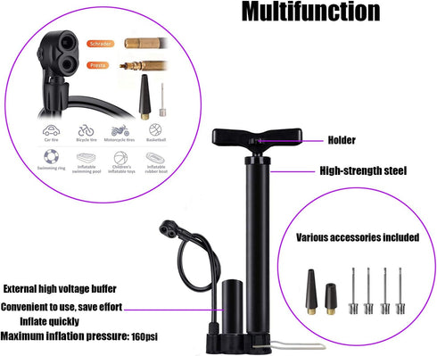 Bike Pump, Air Bicycle Pump Inflator with Pressure Gauge for Presta and Schrader Valve Tire Ball Bike Portable Pumps 160PSI...