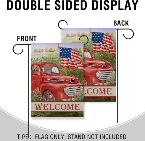 Welcome Summer American Red Truck 4th of July Decorative Garden Flag, House Yard Lawn Patriotic America Dog Outside Decor, USA Spring Home Outdoor...