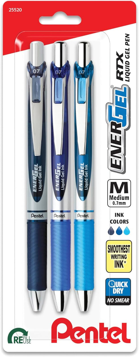 EnerGel RTX Retractable Liquid Gel Pen, 0.7mm, Note-Taking Hue, Navy, Blue, and Sky Blue Ink, Pack of 3 Pens (BL77LBNBP3M)...