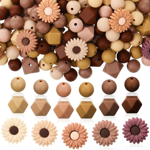 186 Pcs Silicone Beads Bulk Set 12mm Round Rubber Beads, 14mm Hexagon Silicone Beads, 23/20mm Daisy Flower Beads for Keychain Bracelet Necklace Je...