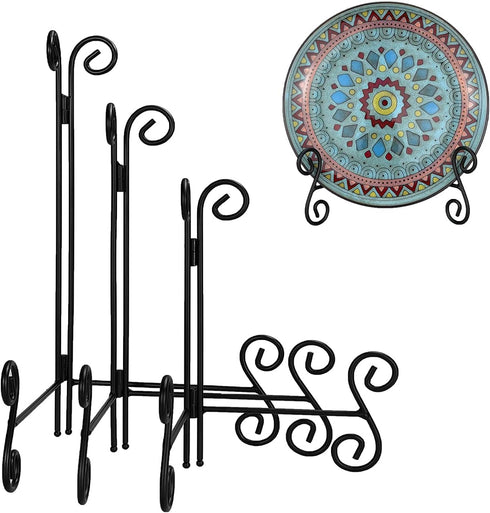 Plate Stand, 3 Pack 6+8+10 Inch Plate Holder for Display, Black Foldable Iron Table Easel for Picture Book Photo Frame Decorative Plate...
