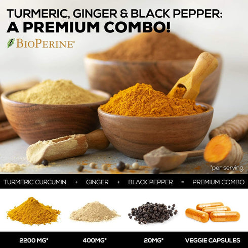 Turmeric Curcumin with BioPerine & Ginger 95% Curcuminoids 2600mg - Natural Joint & Heart Support, Black Pepper for Max Absorption - Health Nutrit...