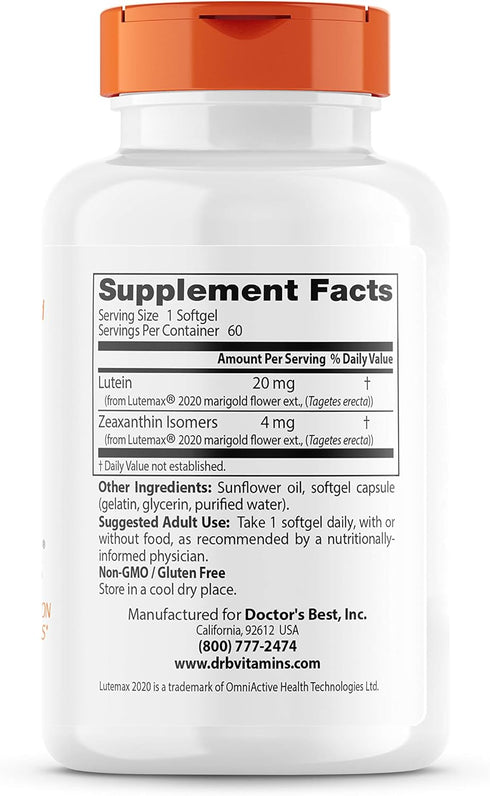 Doctor's Best Lutein featuring Lutemax, Non-GMO, Gluten Free, Eye Health, 20 mg, 60 Softgels...
