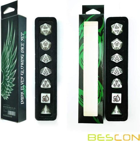 BESCON DARK ELVES Glowing Dice Set (7 piece), Oversized GLOW in DARK Carved Role Playing Games RPG Dice Set...