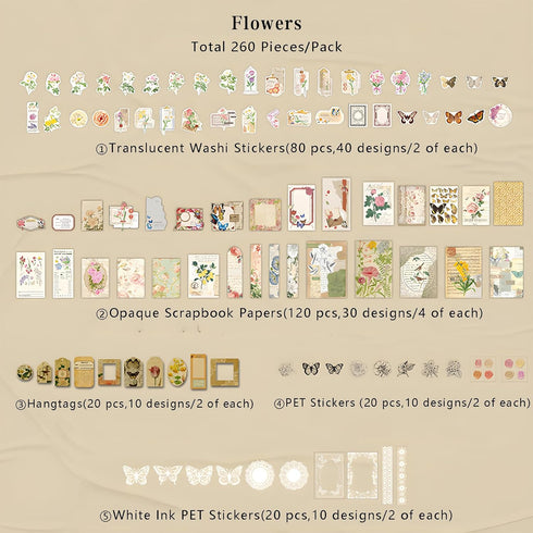 Teniinet 260 PCS Vintage Scrapbooking Supplies Aesthetic Journaling Kit,Large Collection for Bullet Junk Journals,Arts Craft Collage,Ephemera Adul...