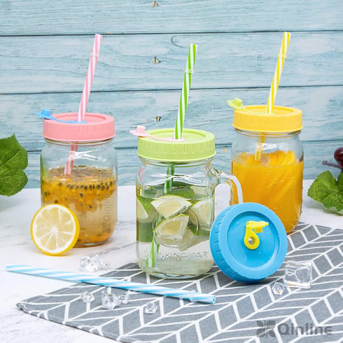 Regular Mouth Mason Jar Lids with Straw Hole/Stoppers/Silicone Rings/Cleaning Brush, Rust-proof, BPA Free Plastic Canning Lids, Great for Drinking...