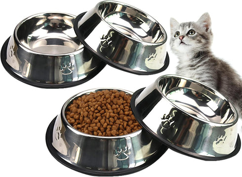 Fhiny 4PCS Stainless Steel Cat Bowls, Non-Slip Cats Water Dish with Rubber Base Stackable Pet Feeding Bowl Durable Multifunctional Replacement Whi...