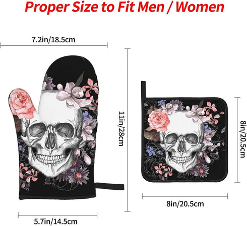 Halloween Skull and Flowers Day of The Dead Oven Mitts and Pot Holders Sets,Heat Resistant Non-Slip Cooking Gloves with Cotton Lining for Kitchen ...