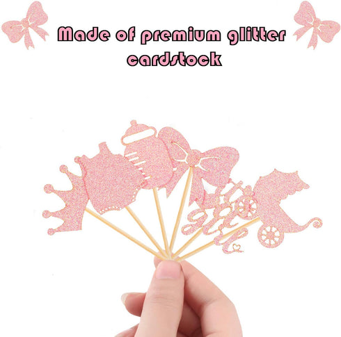 48 Pieces Baby Shower Cupcake Toppers for Girls Glitter Pink Baby Girl Food Picks Baby Shower Toothpicks for Girls Birthday Cake Decorations Party...