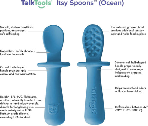 TalkTools ITSY Tiny Silicone Spoons – Twin Pack Soft Silicone Self-Feeding Training Spoons for Kids & Toddlers, Anti-Choking Flange Guard and Non-...