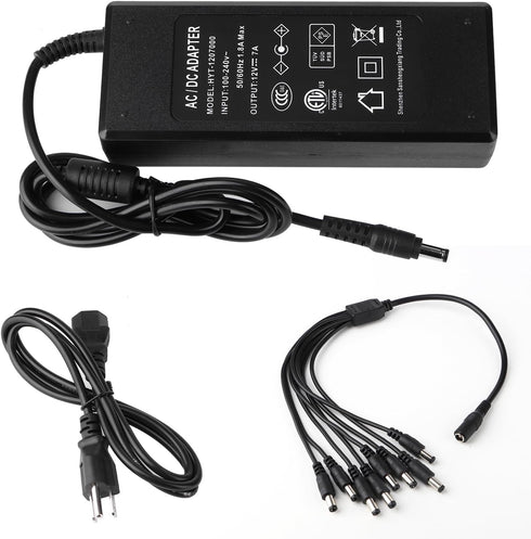 12V 7A CCTV Surveillance Video Power Supply Adapter + 1 to 8 Power Splitter & 110~240V AC 2.1mm Plug for Security Camera?LED Strip Light...