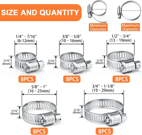 40PCS Hose Clamps, Camtek Stainless Steel Adjustable 6-29mm Range Worm Gear Hose Clamp Duct Clamp Pipe Clamp Fuel Line Clamp for Plumbing, Automot...