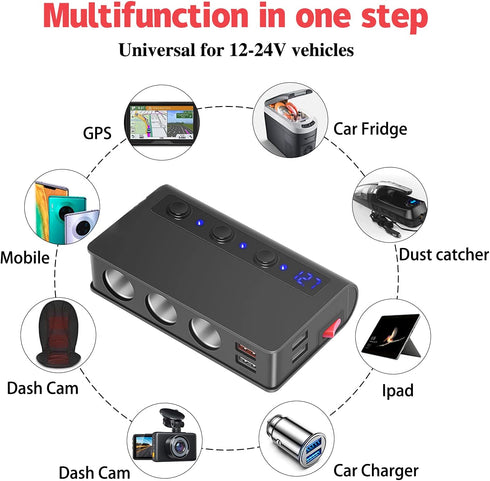 Amiss 3-Socket Car Power DC Outlet with 4USB Cigarette Lighter Adapter, 180w 12v/24v, Quick Charge 3.0 Car Charger with LED Voltage Display, Upgra...