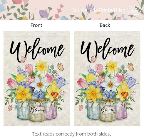 CROWNED BEAUTY Spring Garden Flag Floral Mason Jar 12x18 Inch Double Sided for Outside Small Burlap Seasonal Welcome Yard Flag...