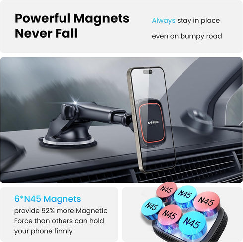 APPS2Car Magnetic Phone Mount for Car – Industrial Suction Cup Dashboard & Windshield Holder with Telescopic Arm, 6 Strong Magnets – Universal Fit...