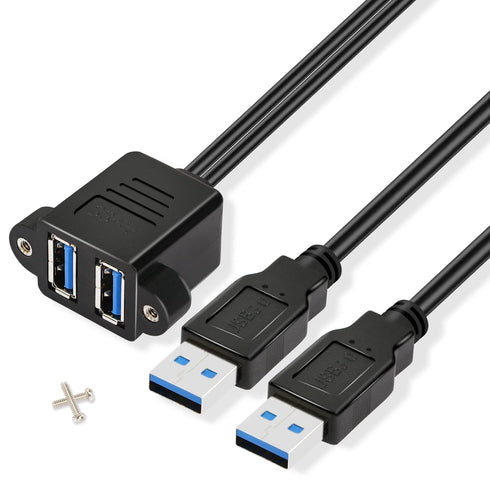 GINTOOYUN Dual USB 3.0 Cable with Panel Mount Screw Hole, 2 Ports USB 3.0 Male to Female Extension Cable, Suitable for Family, Classroom, Office, ...