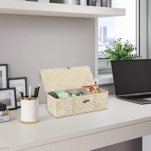 Hipiwe Seagrass Storage Basket Bin 3 Sections Hand-Woven Wicker Basket with Lid Bathroom Basket Toilet Tank Basket Holder for Organize Snack Tissu...