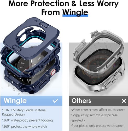 Wingle Rugged Waterproof Case for Apple Watch 45mm Series 9 8 7 Screen Protector with Tempered Glass, 2 in 1 Military Grade 360 Full Protective Bu...