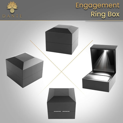 DANTE Luxury Engagement Ring Box With Light - Plush Velvet Wedding Case - Automatic LED Light Up Box - Premium Black - Ideal for Proposal, Anniver...
