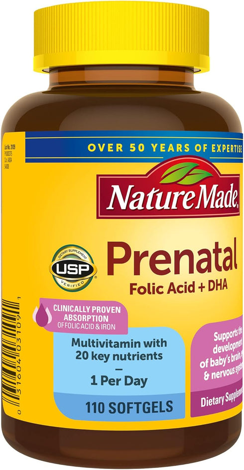Nature Made Prenatal with Folic Acid + DHA, Prenatal Vitamin and Mineral Supplement for Daily Nutritional Support, 110 Softgels, 110 Day Supply...