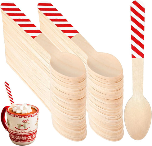 100 Pieces Wooden Spoons Disposable 5.5'' Christmas Disposable Wooden Spoon Pattern Wooden Spoons for Hot Chocolate Wooden Tasting Spoons for Cake...