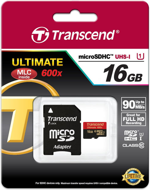 Transcend 16 GB MicroSDHC Class 10 UHS-I Memory Card with Adapter 90 Mb/s (TS16GUSDHC10U1)...