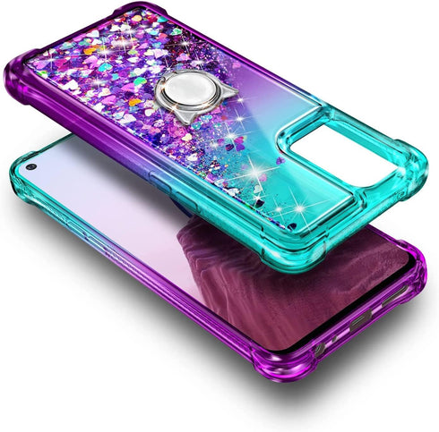 NZND Compatible with T-Mobile REVVL 6 Pro 5G / REVVL 6X Pro 5G Case with Tempered Glass Screen Protector, Ring Holder/Wrist Strap, Glitter Liquid ...