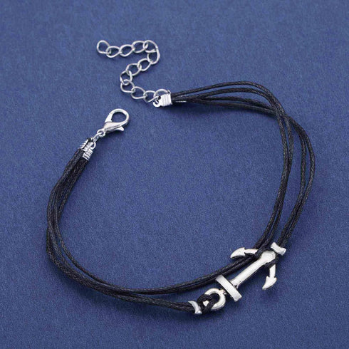 Boho Layered Leather Anchor Anklet Bracelet Black Leather Cord Ankle Bracelets Black Rope Anklets Black String Anklets Foot Chain Jewelry for Wome...