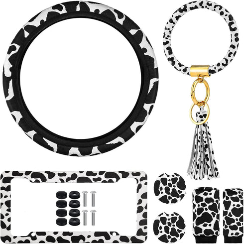 Tallew 7 Pieces Cow Print Car Accessories Set Include Steering Wheel Cover License Plate Frame with Screws Cup Holders Keyring Bracelet Handbrake ...