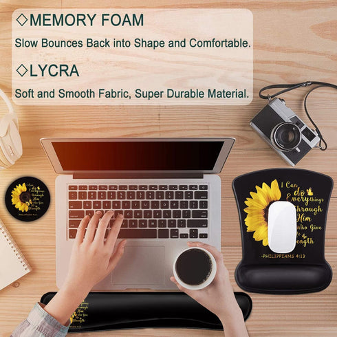Keyboard Wrist Rest and Mouse Pad Wrist Support Set,Bible Verse Philippians 4:13 Sunflower Ergonomic Gel Mouse Pad,Easy Typing Pain Relief, Memory...