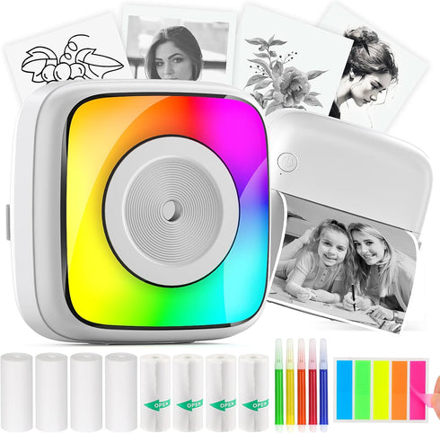 HuiJuKeJi Mini Sticker Printer with RGB Light Pocket Inkless Thermal Printer for iOS&Android, 9 Rolls Thermal Paper?5 Color Pens, Bluetooth Smart ...