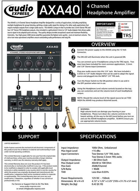 AXA40 Mini 4 Channel Combination 1/4" and 3.5mm TRS Stereo Headphone Amplifier w/Two 3.5mm and Two ¼” TRS Stereo Outputs Includes 12V Power Supply...