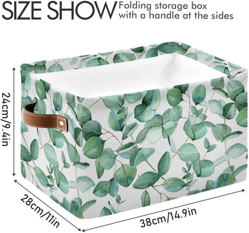 xigua Green Leaves Storage Basket Collapsible Toy Storage Bins Waterproof Canvas Storage Basket with Leather Handles for Home Closets Offices,Bedr...