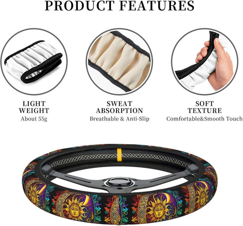 Sun with Moon Elastic Steering Wheel Cover for Women Men, Universal 15 Inch Anti Slip Auto Car Wrap Cover...