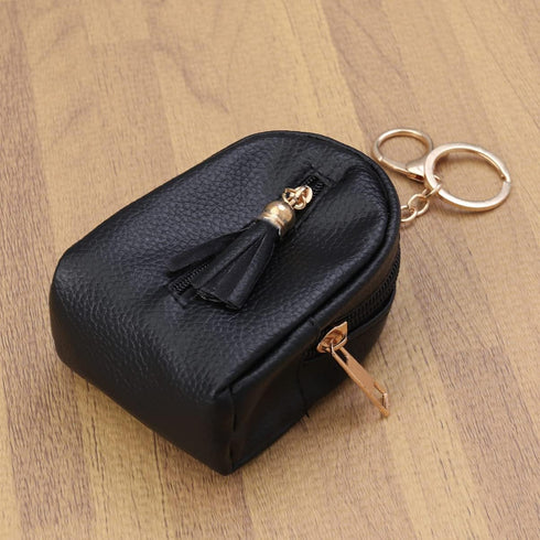 Coin Pouch Leather Wallet with Keychain Ring, Tassel Coin Purse Change Holder Womens Small Coin Purse with Keychain Change Purse, Black, (5Y0E24B1...